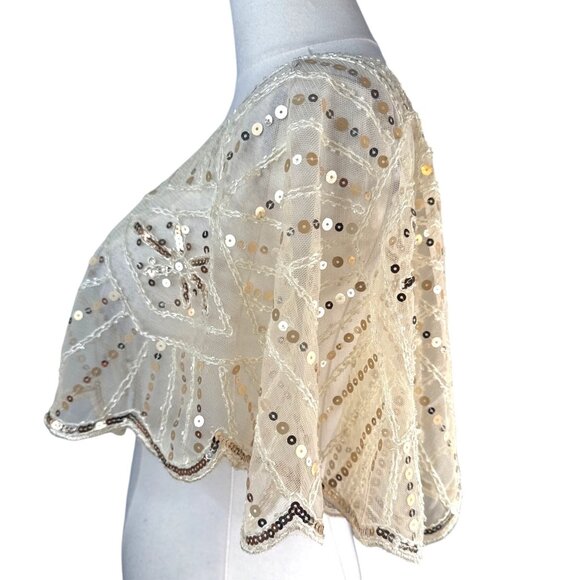 Beaded Sequins OS Capelet Scalloped Shawl Elegant Sheer Vintage Style Ivory - Picture 10 of 16